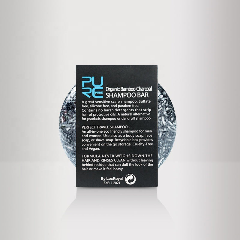 Hand-Extracted Soap Shampoo Bamboo Charcoal Shampoo Soap packaging showcasing its organic features and travel-friendly design.