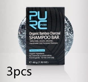 Hand-Extracted Soap Shampoo Bamboo Charcoal Shampoo Soap packaging displaying 3 organic bamboo charcoal shampoo bars.
